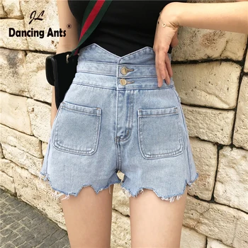 

Women Jeans Short High Waist A-line Shorts 2020 Summer Korean Style Solid Button Fly Casual Ripped Woman Cotton Denim Shorts