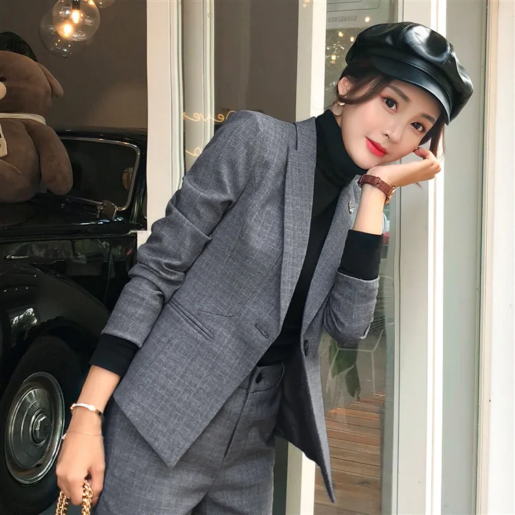 Gray Suit Jacket Women's New Style Autumn And Winter Fashion British Style Suit Two-Piece Set Wear