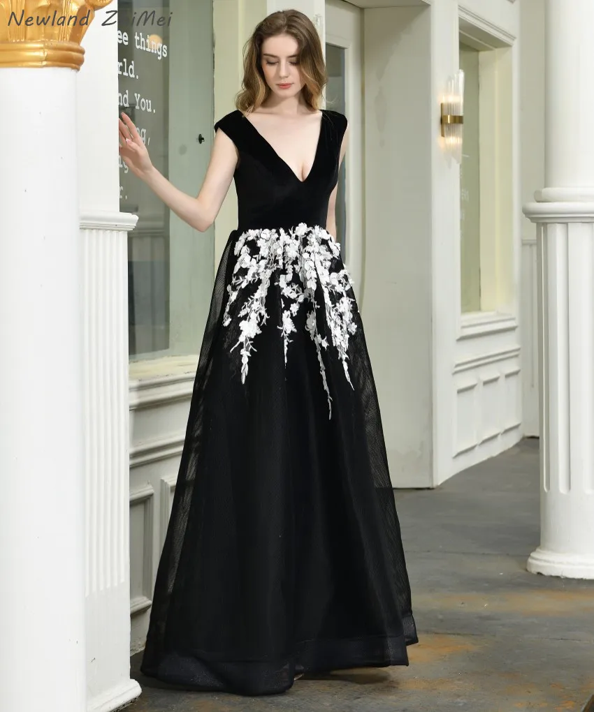 

Newland ZhiMei 2020 Vintage Black Evening Dresses Long abiye gece elbisesi Applique Tulle Velvet Dress Party Formal Dress