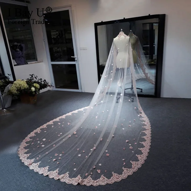 Розовая цветочная 3d-накидка для невесты длинная фата с бусинами мантилла цвета