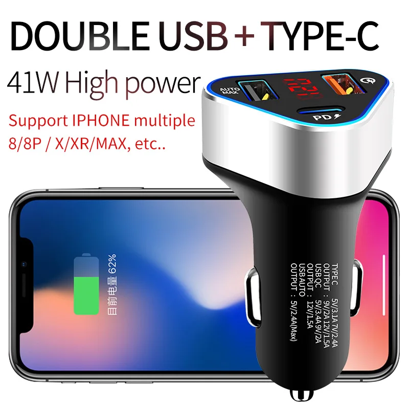 Цифровой дисплей PD QC3.0 2.4A автомобильное зарядное устройство TYPE-C зарядки мобильного телефона