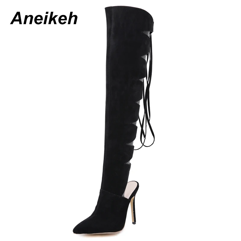 

Aneikeh New Spring/Autumn 2019 Concise Flock Over-the-Knee Boots Pointed Toe Women's Boots Lace-Up Hollow Out Thin High 35-40