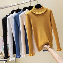 Kintted Women Sweater Solid Color Long Sleeve Jumpers Korean Slim Fashion Autumn Spring Base Pullover Black White Apricot Blue
