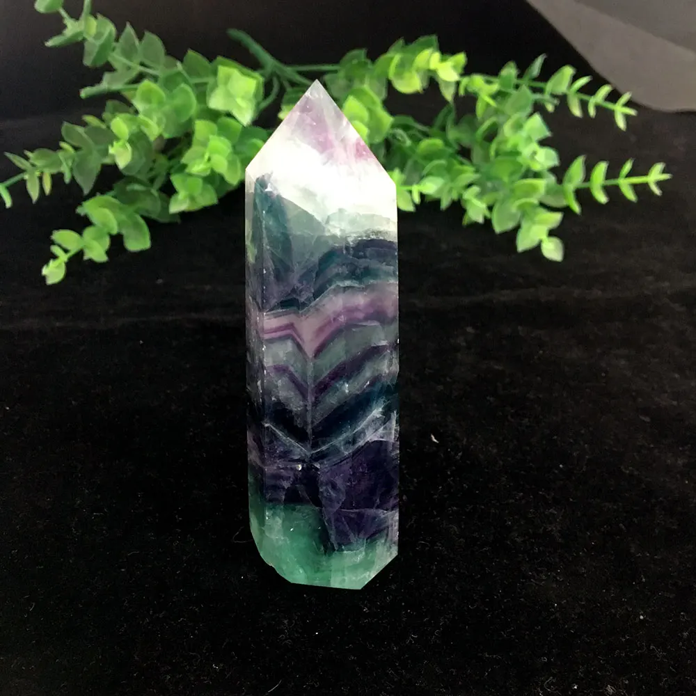 Natural Fluorite Crystal Colorful Striped Fluorite 4-6.5CM Quartz Crystal Stone Point Healing Hexagonal Wand Treatment Stone LP