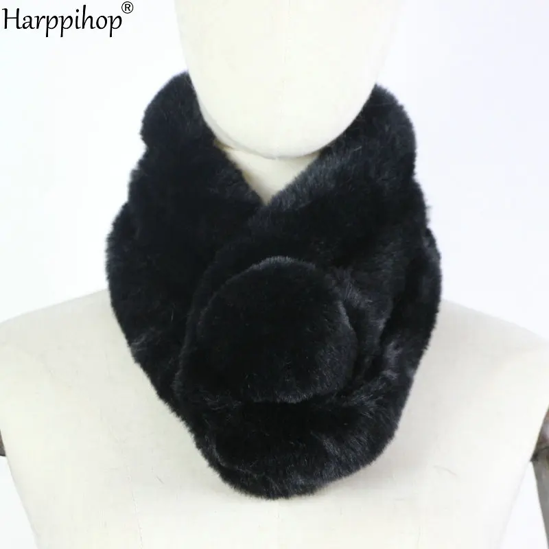 Зимний теплый шарф-кольцо, плюшевый шарф-Кольцо из искусственного кроличьего меха, однотонный воротник, женская зимняя мягкая для шеи теплые шарфы - Цвет: black