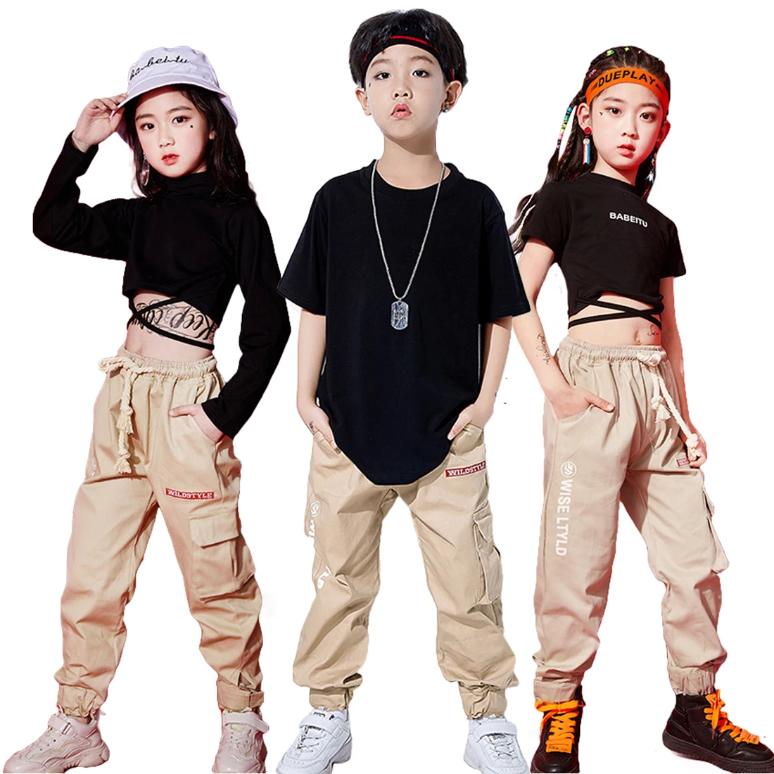 

Lolanta Girls Boys Hip Hop Dance Clothes Kids Black Crop Tops T-shirt Or Elastic Waist Cargo Pants Children Sport Casual Wear