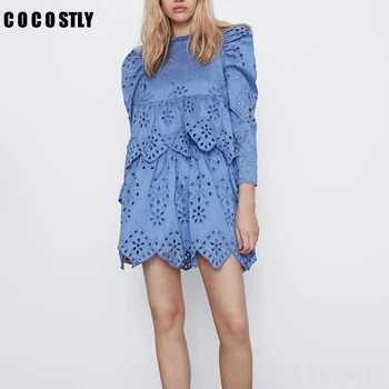 

Summer Dress women england style vintage blue Hollow out O-neck party mini dress women vestidos de fiesta de noche vestidos