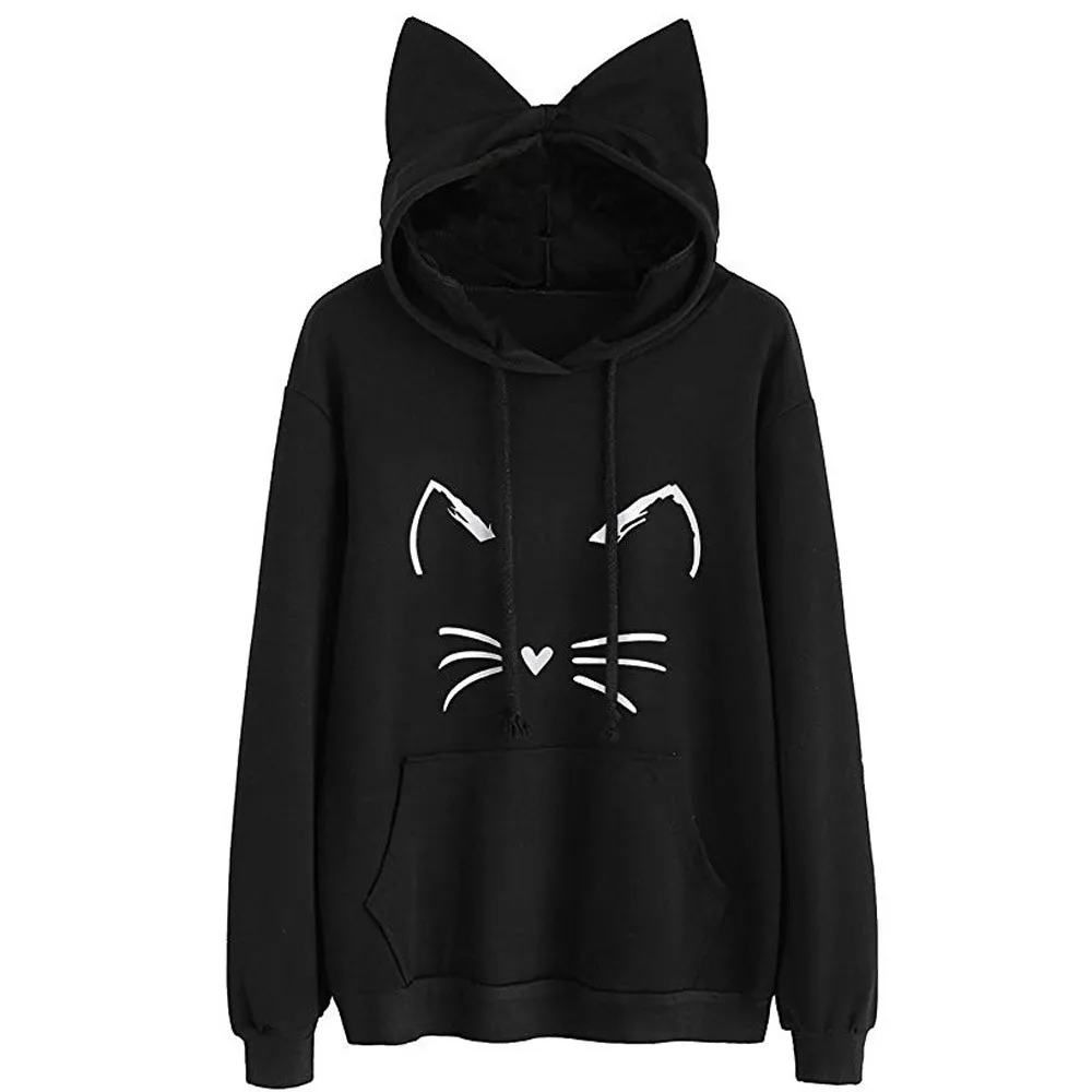 Jaycosin Womens Cat Ear Solid Long Sleeve Hoodie Sweatshirt Special Casual Cool Chic Print Cute Hooded Pullover Tops Blouse