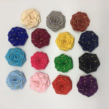 

100Pieces/Bag Size 4.5CM Polyester Ribbon Rose Flower Golden Silk Flat Flowers Wedding Supplies Hand DIY Hair Cloth Accessories