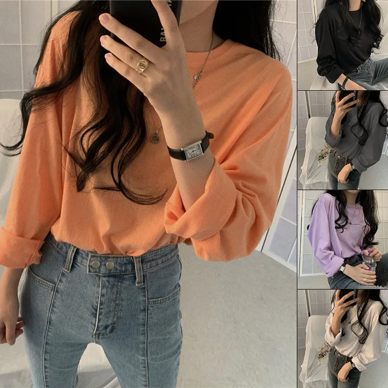 

5 Colors All-match Casual Long-sleeved Solid Color Round Neck Simple Basic T-shirt Female Student Bottoming Shirt 2020 NEW