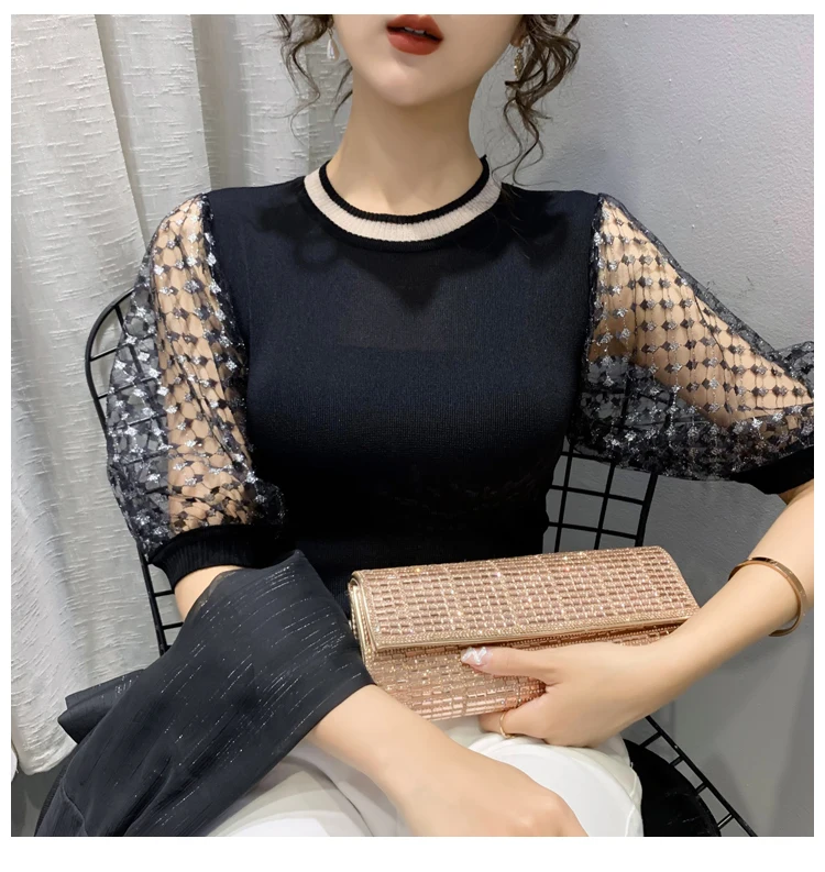 Summer Korean Clothes Thin Knit T-shirt Sexy Transparent Women Tops Casual  Puff Short Sleeve Shiny Elastic Tees 2021 T13003A