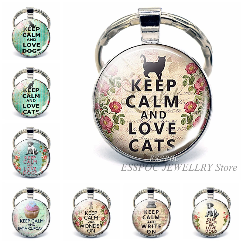 Забавная Цитата Keep Calm and Love Cats автомобильный брелок со стеклянным кабошоном