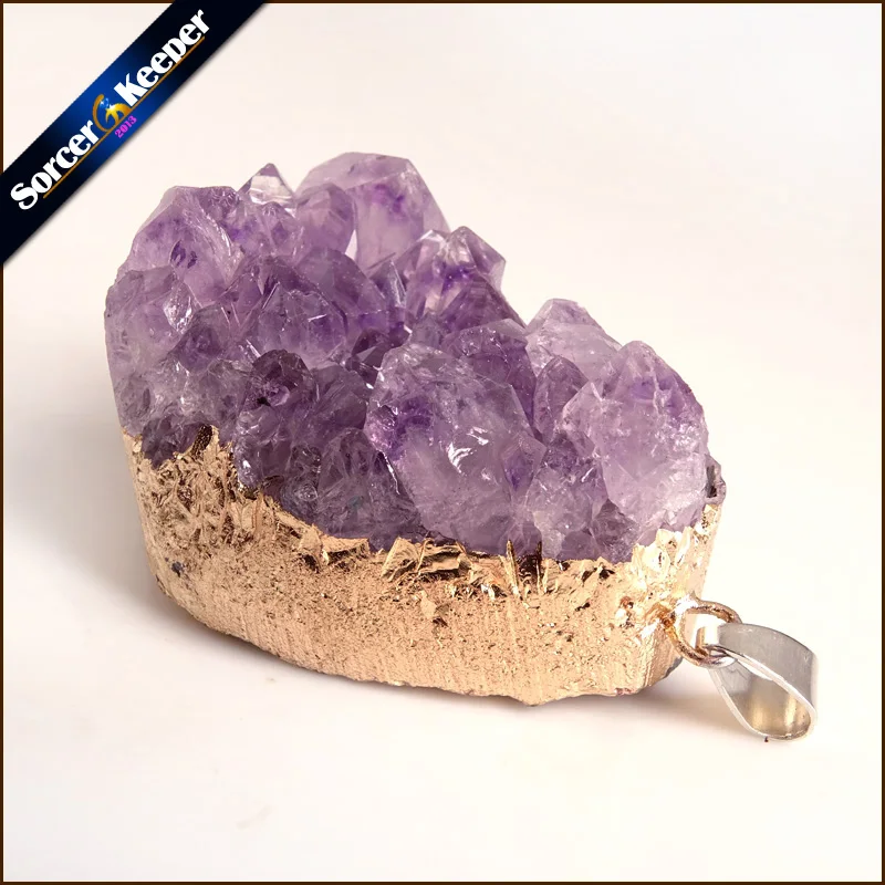 Natural Irregular Purple Raw Amethysts Quartz Crystal Cluster Pendant Necklace With 24K Gold Filled Edge Fit Jewelry Making A883 | Украшения