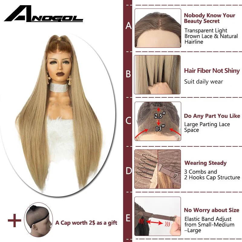 Anogol High Temperature Fiber Peruca Long Straight Synthetic Hair Wig Brown Ombre Ash Blonde Swiss Lace Front Wigs for Cosplay