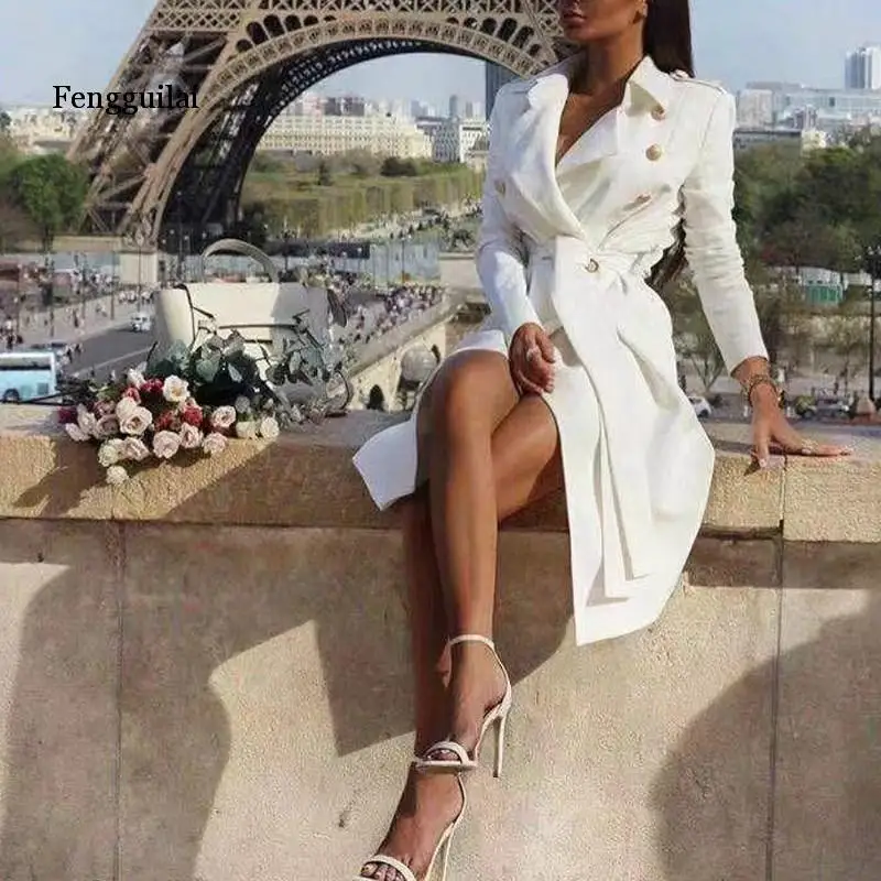 Vintage double breasted white trench women coat Sashes slim long trench female Winter office solid trench