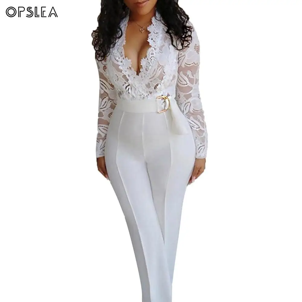 Opslea африканские женские вставки из прозрачной сетки Комбинезоны Дашики белые кружева сшивание брюки осень с длинным рукавом боди