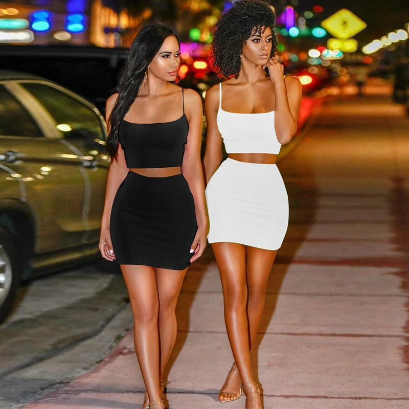 Hugcitar spaghetti straps sexy camis skirt 2 two piece set 2019 summer women fashion neon green orange solid party streetwear
