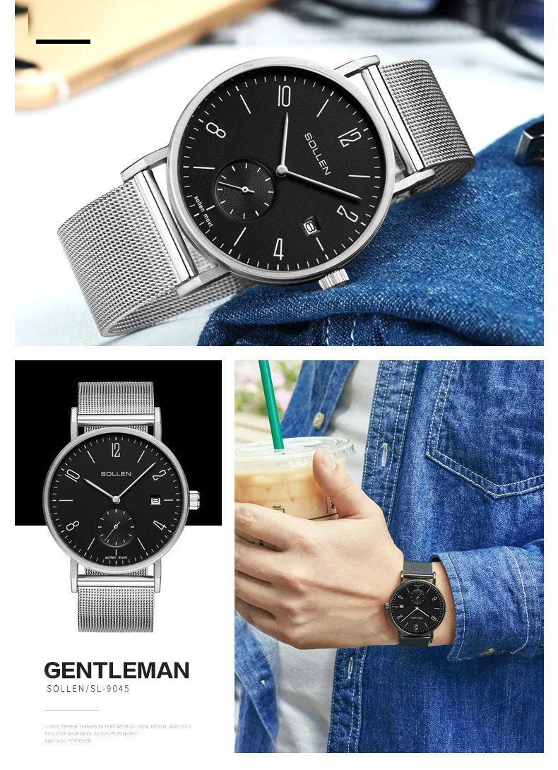 8 мм толщина часы мужские SOLLEN минимализм кварцевые часы мужские Дата наручные часы мужские водонепроницаемые мужские часы дропшиппинг SL9045