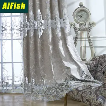 

High-end Grey Chenille Curtains Screens Water-soluble Embroidery Living Room Bedroom Finished Product Customization WP078T3