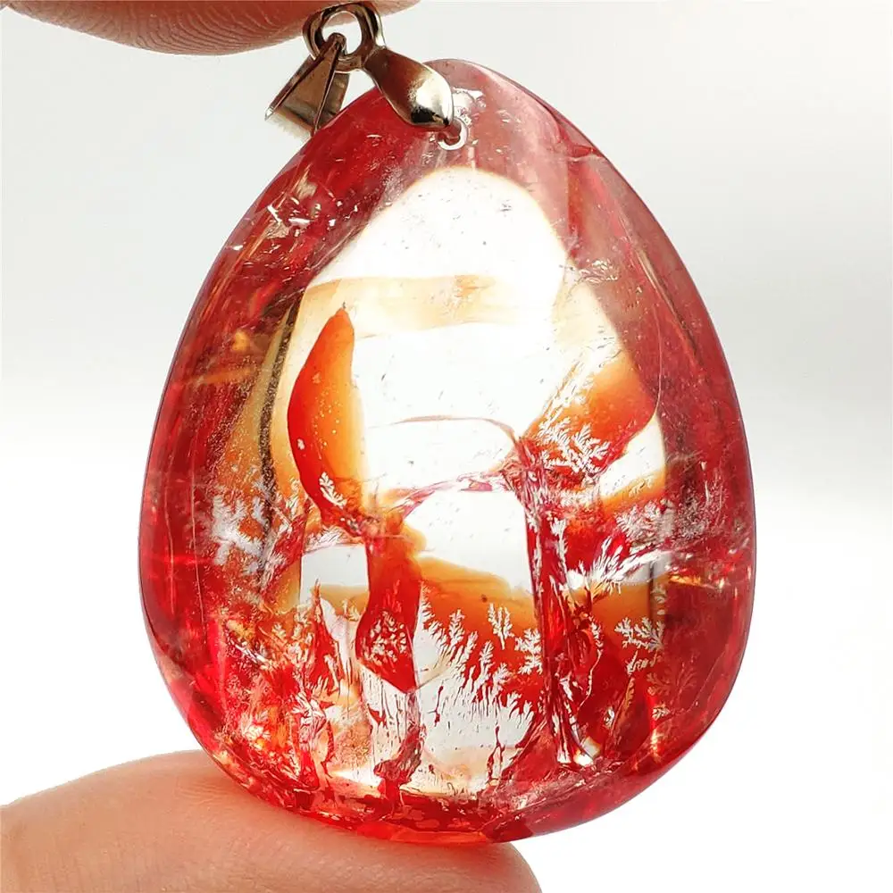

Natural Red Limonite Phantom Quartz Crystal 38x30x20mm Multi-inclusions Necklace Pendant Women Man Rare Volcanic Reiki AAAAA