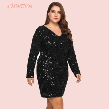

TMWEVN Large Size 5XL Women Party Dress Long Sleeve Sexy Sequined Bodycon Cocktail Club Loose Big Ladies Dresses Plus Oversized