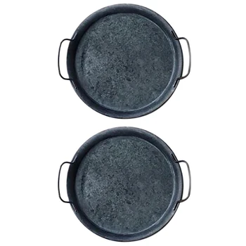 

2 Pcs European Retro Metal Plate with Handles Handcrafted Round Wrought Vintage Storage Bread Tray Home Decoration Garden Restau