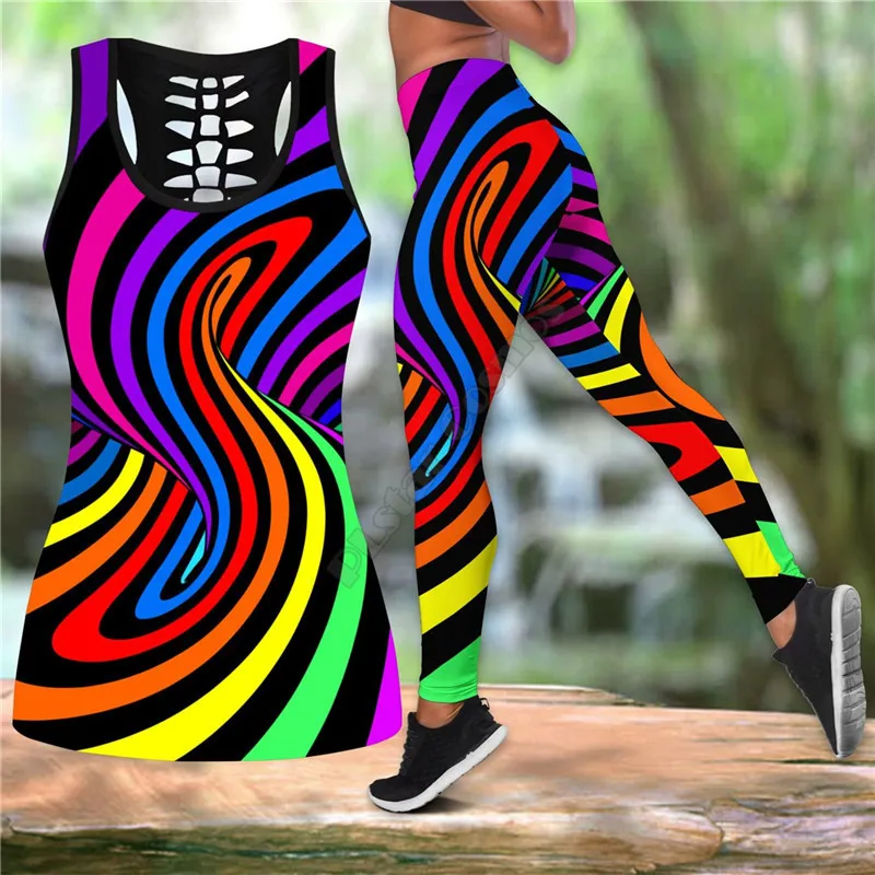 Colorful Hippie Dragon Combo Outfit Leggings and Hollow out Tank