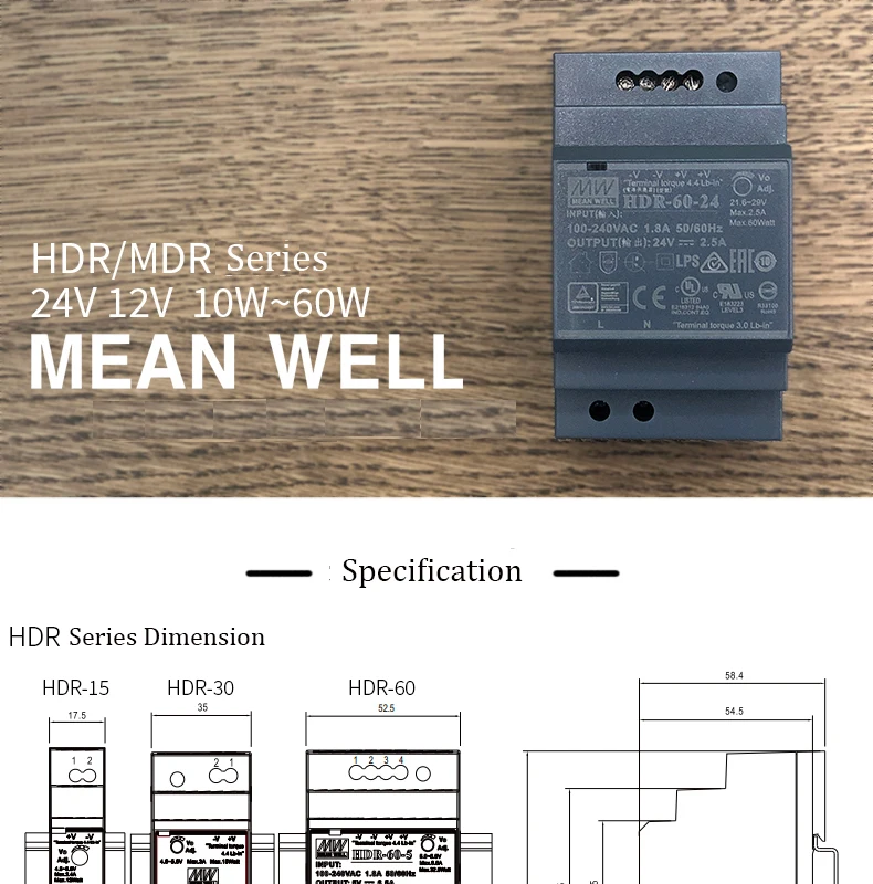Meanwell Din Rail один Выход переключение Питание HDR MDR 10/15/20/30/40/60w промышленный трансформатор 12V 24V светодиодный драйвер
