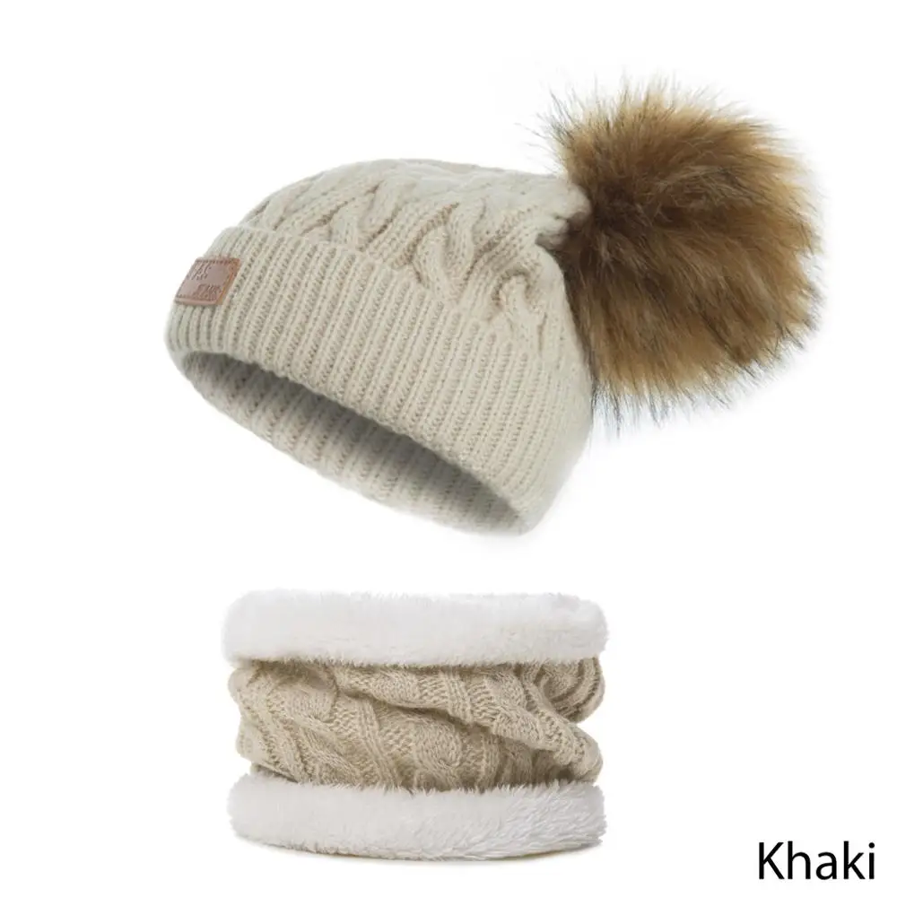 khaki Evrfelan/Модная брендовая детская шапка и шарф, комплект из 2 предметов, зимняя шапка, шарф для девочек и мальчиков, помпоны, шапочки, набор шарфов, детские подарочные аксессуары - Цвет: khaki