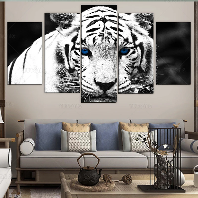5 Panel Canvas Wall Art Modular Picture White Tiger Paintings For