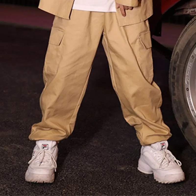 Brown Pants Футболки в стиле «хип-хоп», костюм для маленьких мальчиков, и рисунком «кунг-фу» однотонные Цвет рубашка хип-хоп мода осень Девочки Джаз выполнения уличных танцев Костюмы L3016 - Цвет: Brown Pants