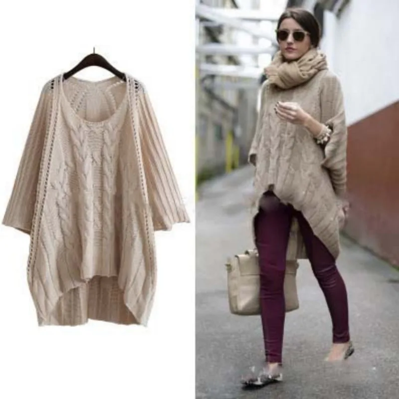 

Women Open Front Cardigan Sweaters Bat Long Sleeve Sexy O-Neck Loose Casual Short Front Long Back Chic Design Knitted Cardigan