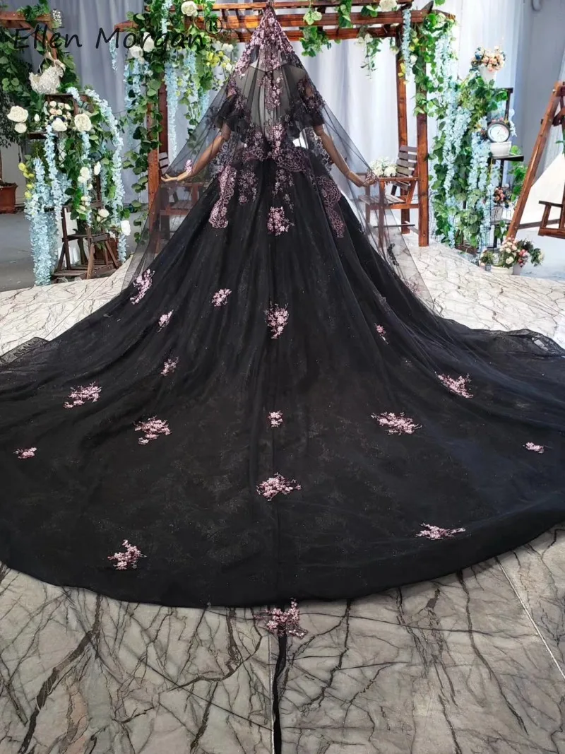 Vestido De Novia, черное кружевное свадебное платье, элегантное,, винтажное, Круглый ворот, аппликация, оборки, тюль, официальное, свадебное, бальное платье для женщин