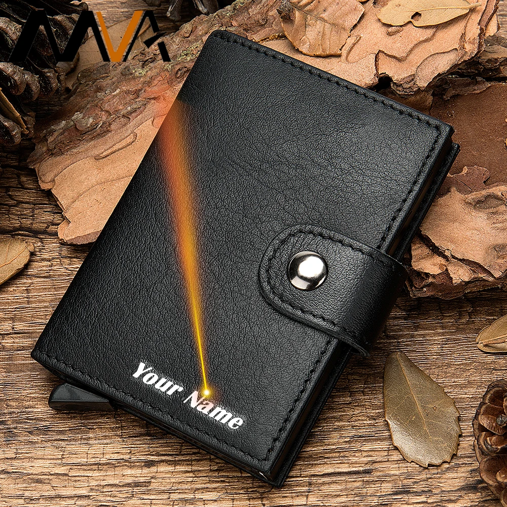 

MVA Engrave Genuine Leather Automatic Credit Card Holder Wallet Aluminum Fashion Mini Men/Women Wallet RFID Blocking Unisex 8602