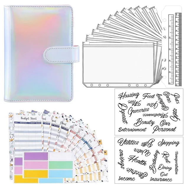 15 Pieces Binder Budget Planner Cash Envelope Binder with Budget Envelopes A6 Binder Pockets Cash Envelope Wallet for Budgeting Laser silver--29pcs