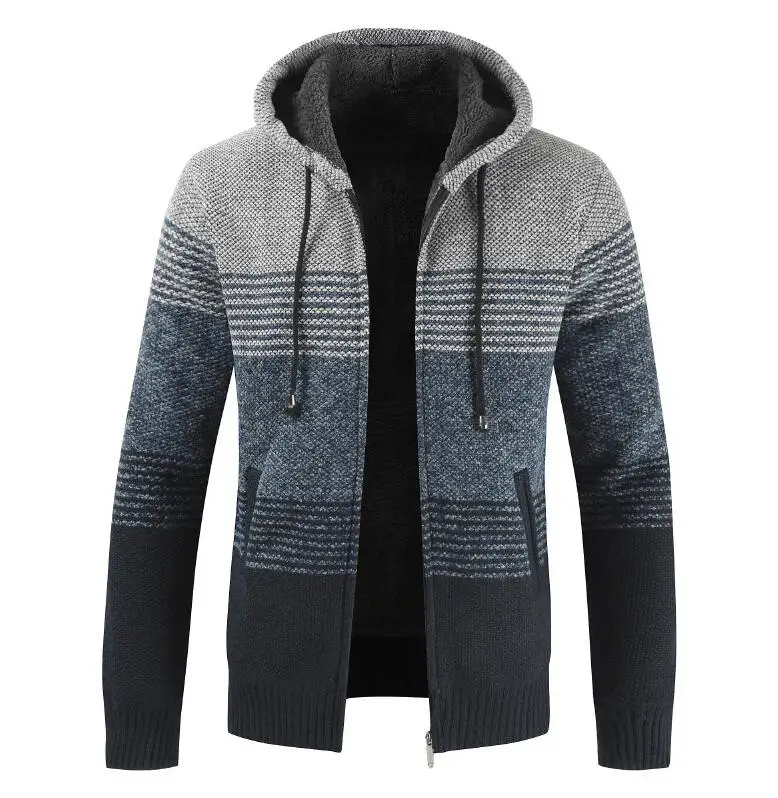 01 Gray-Navy Мужской зимний толстый флисовый свитер, теплый кашемировый шерстяной кардиган с капюшоном, одежда, Полосатое флисовое пальто на молнии, размер M-3XL - Цвет: 01 Gray-Navy