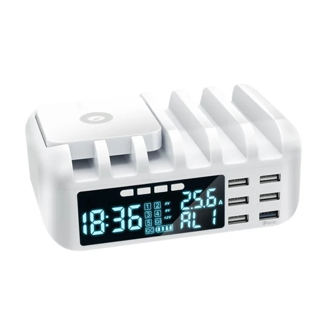 48W Multi Phone USB Wireless Charger With Clock for IPhone 11 12 Pro Max QC 3.0 LCD Fast Charging Station For Samsung Xiaomi White