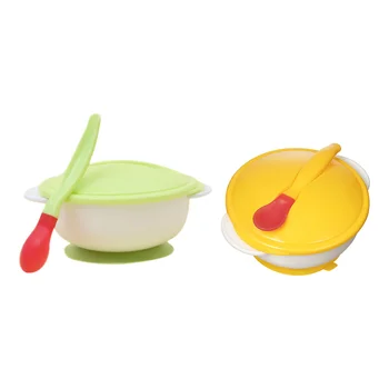 

2 Sets of Baby Antislip Suction Bowl Infant Training Bowl Feeding Tableware with Heat Sensitive Spoon (Green and White/Yellow an