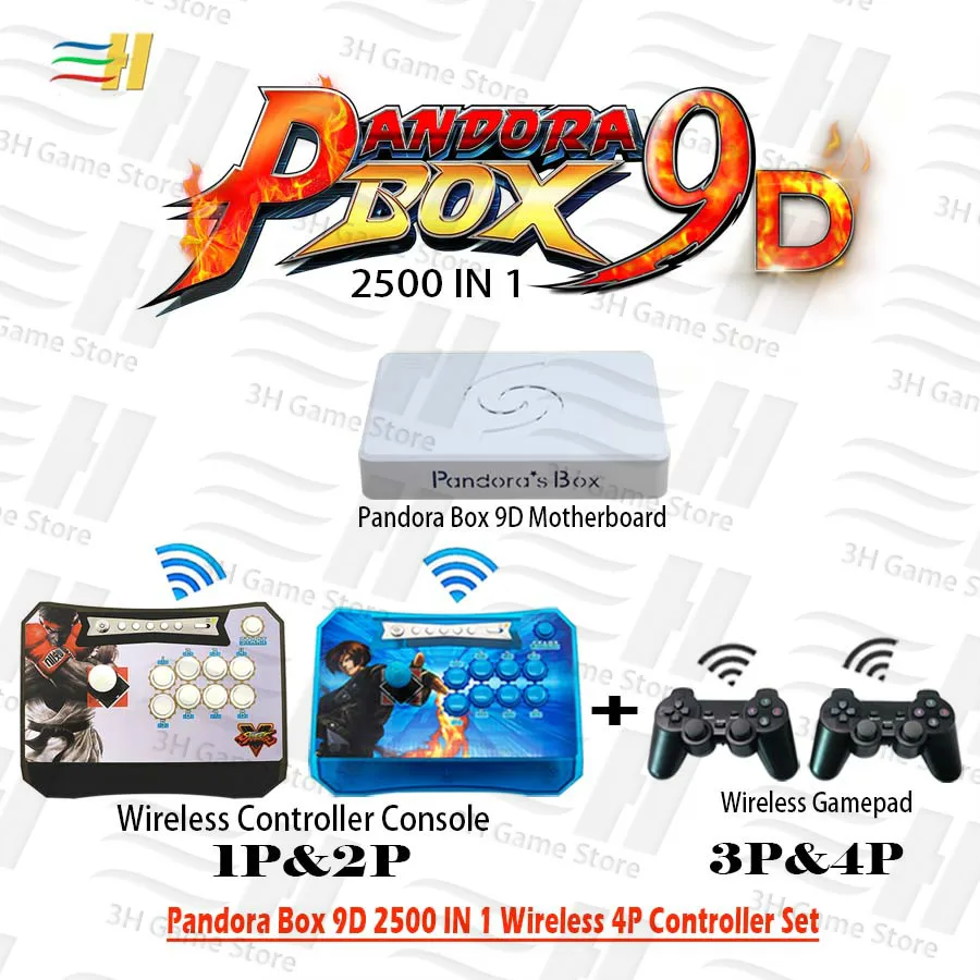 Pandora Box 9D беспроводной 4 игрока набор 2500 В 1 есть 3D игры Беспроводной аркадный джойстик контроллер и геймпад HDMI VGA для ТВ ПК ps3