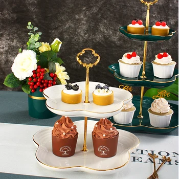 

Simple Art Luxury Dark Green Ceramic Phnom Penh Double Dessert Rack High-end Three-tier Wedding Cake Birthday Fruit Display Rack