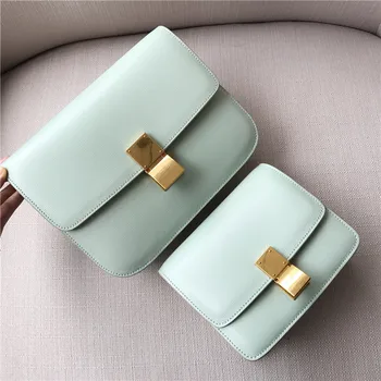 

2020 Women's Bag Classic Tofu Bag Cow Leather Retro Square Bag Stewardess Bag Diagonal Shoulder Bag Light Mint Green Large