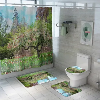 

4pcs BlossomTree Anti-Slip Shower Curtain Floor Mat Bathroom Shower Room Rug Floor Mats Set Bath Mat Carpet Set HomeToilet Rug