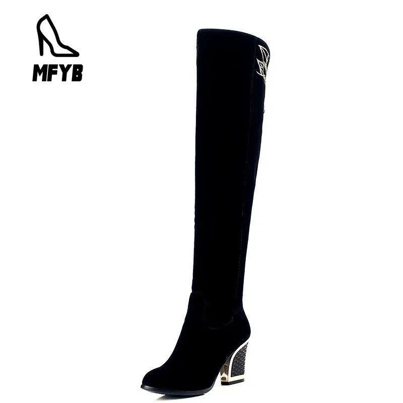 

MFYB Women's boots 2019 winter new fashion high heel women's shoes retro round head suede over the knee boots