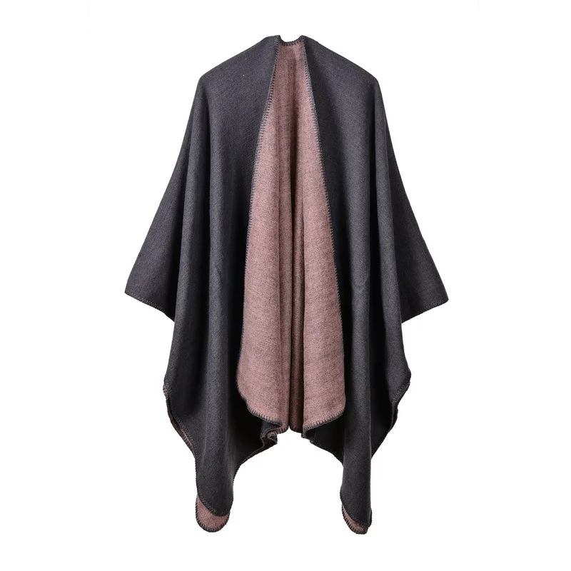 Grey Pink Модная зимняя винтажная шаль, женское пончо, кашемировая шерсть, женский элегантный черный теплый шарф, Однотонный женский длинный платок, накидка - Цвет: Grey Pink