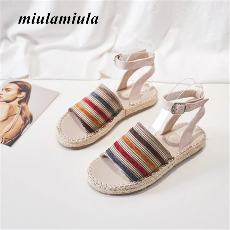 

Miulamiula Summer Flat Women Sandals Cloth Sandals Hemp Rope Weave Style Banquet Stripe Pattern Light Comfortable Woman Shoes