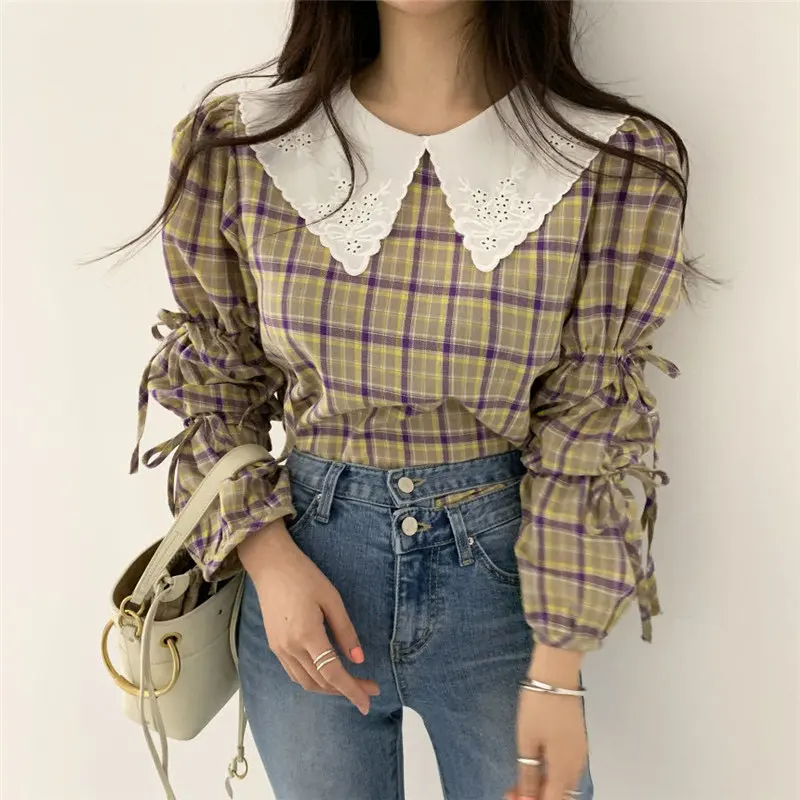 Alien Kitty High Waist Geometric Lace-Up Shirts 2020 Sweet All Match Plaid Chic Korean Elegance Girls Gentle Women Blouses | Женская