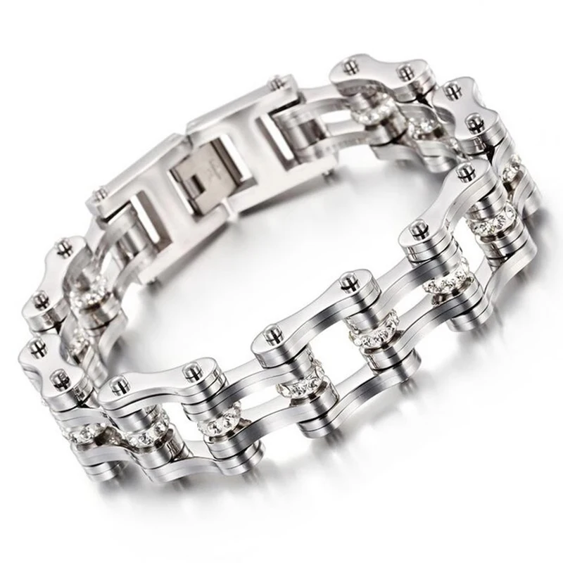 16mm Punk Men Women Gold Zircon Rhinestone Bicycle Bike Bracelets Bangle Stainless Steel Biker Motorcycle Chain Bracelet Jewelry | Украшения