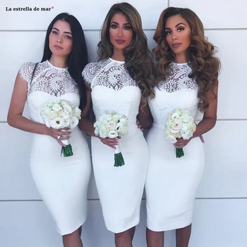 

Robe pour mariage invit femme2021 new O Neck lace satin cap sleeve ivory sexy Sheath bridesmaid dresses Tea vestido madrinha
