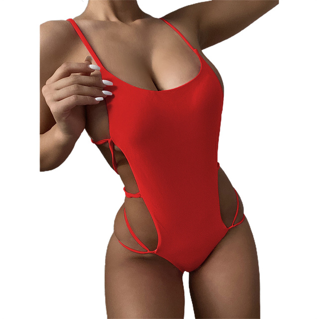 Female Swimsuit Solid Color Bikini Swimwear Summer Sexy Backless Bandage Triangle Bodysuit Beachwear Monokini 2022