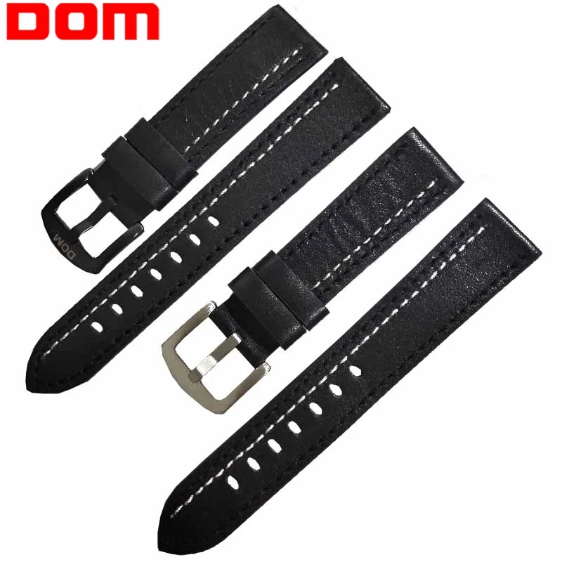 

DOM Leather Watchband Genuine Leather Strap 20mm Black Silver Metal Buckle Clasp Watch Band Men Women Watch Accessories